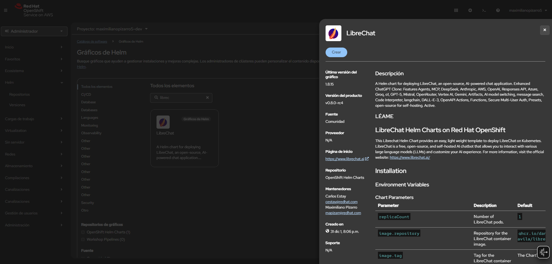 Red Hat Chat Helm Chart available in OpenShift Developer Catalog