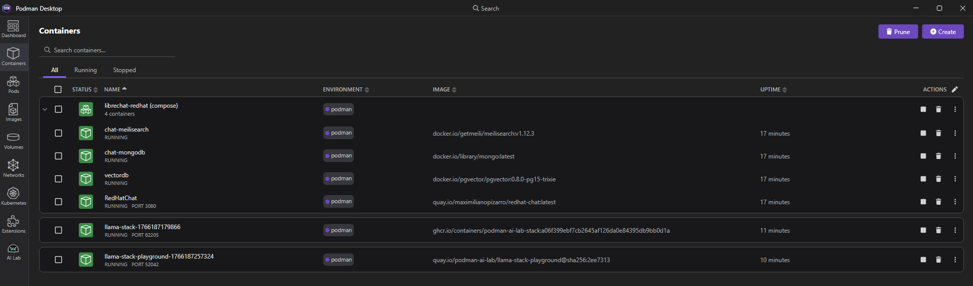 Red Hat Chat running with Podman