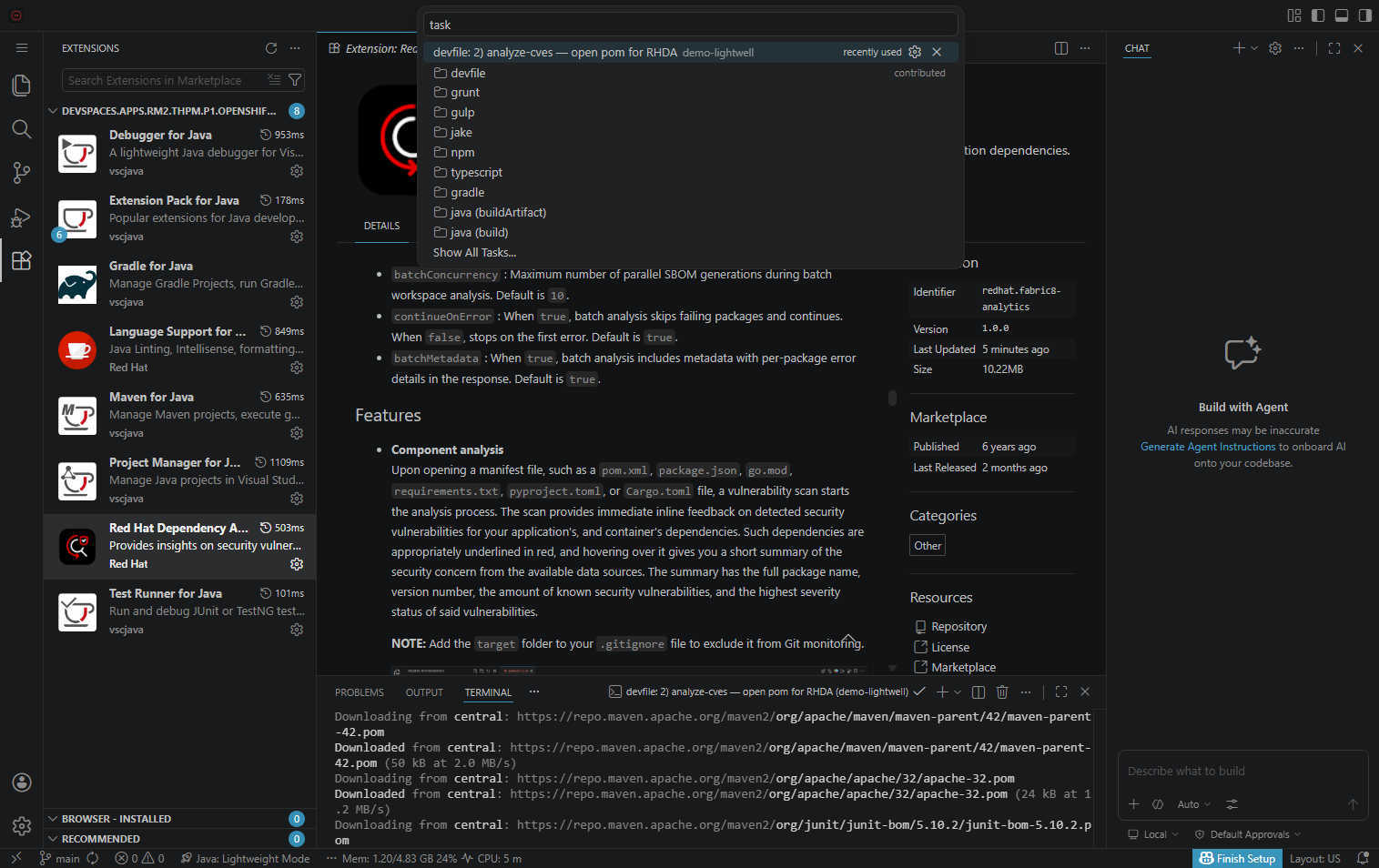 Devfile Run Task analyze-cves