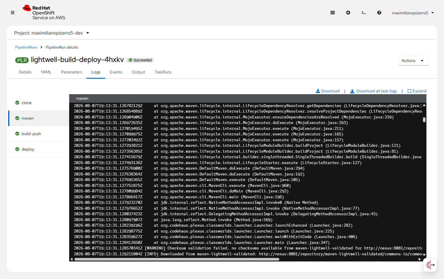 Tekton maven task log Downloaded commons-io from Nexus maven-lightwell-validated