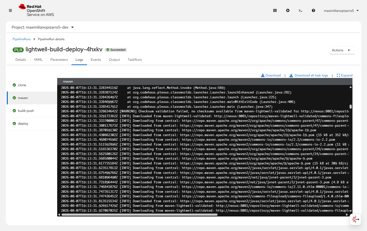 Tekton maven task log downloading rhlw jars from Nexus