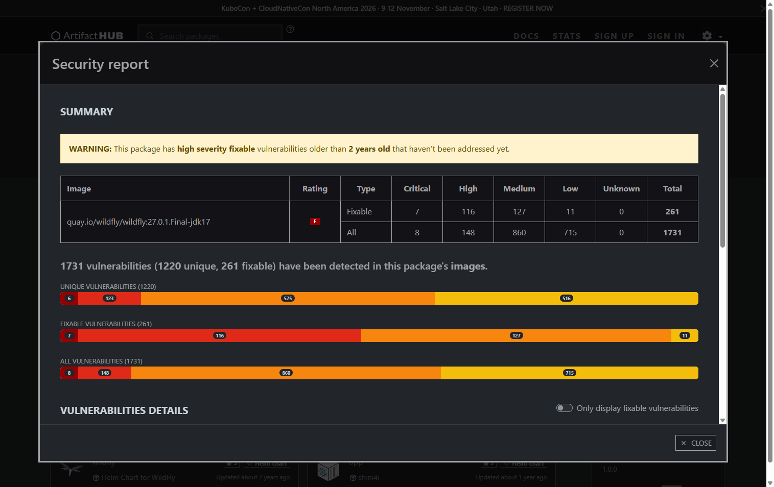 Artifact Hub security report CVE summary for jboss-app image