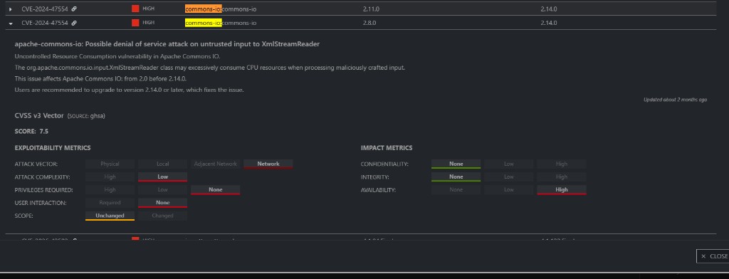 Stock commons-io CVE-2024-47554 in Artifact Hub