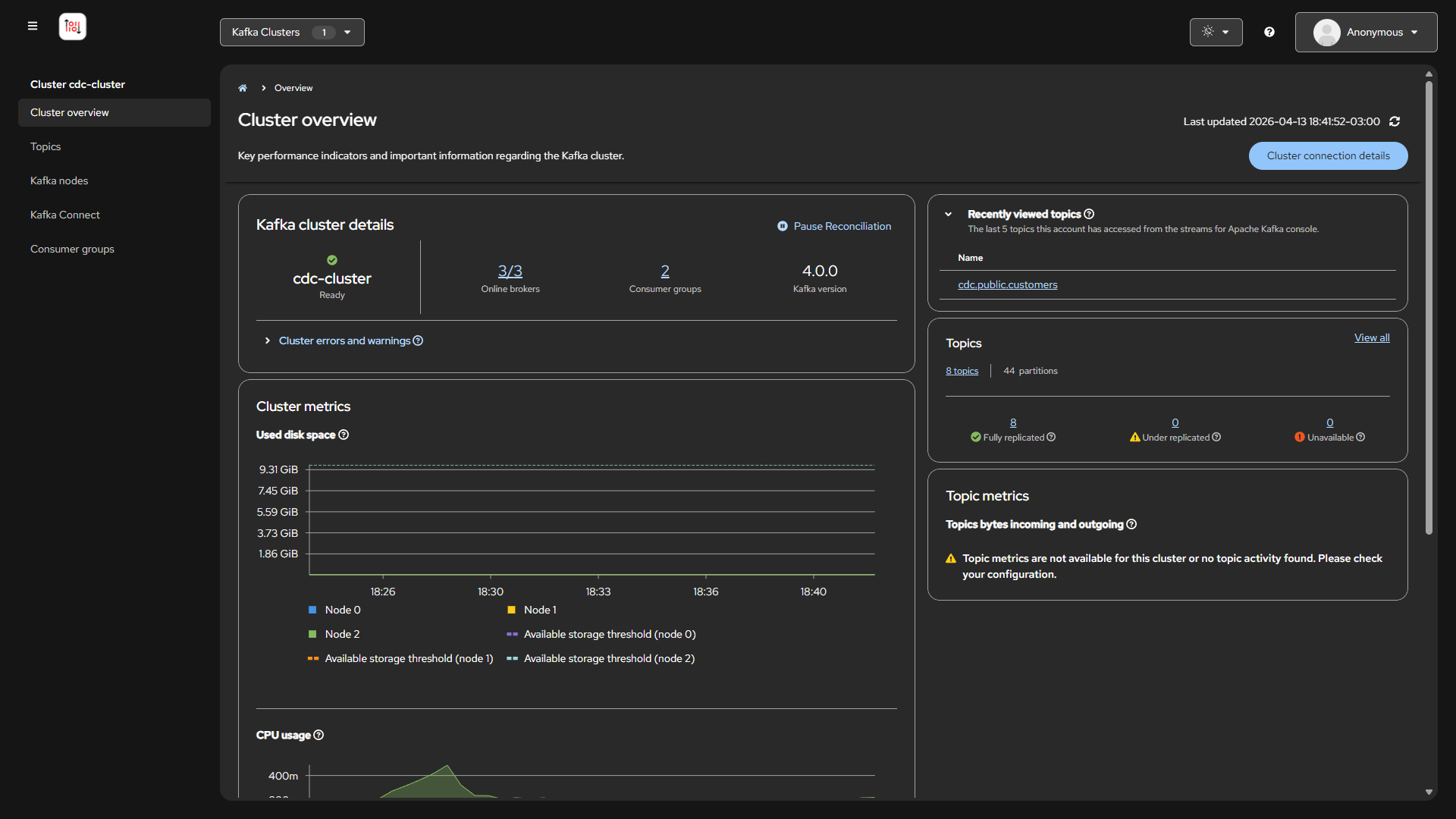 Kafka Console - Cluster Overview