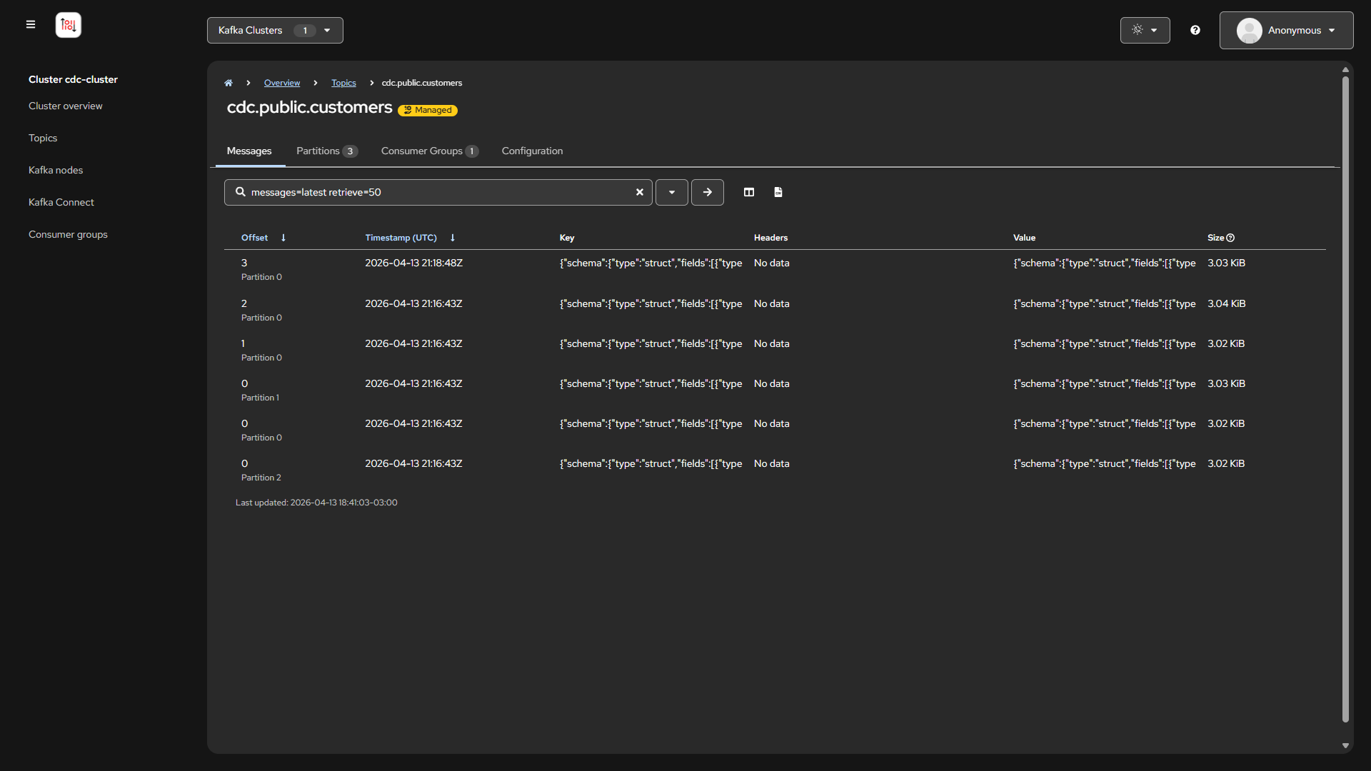Kafka Console - CDC Messages