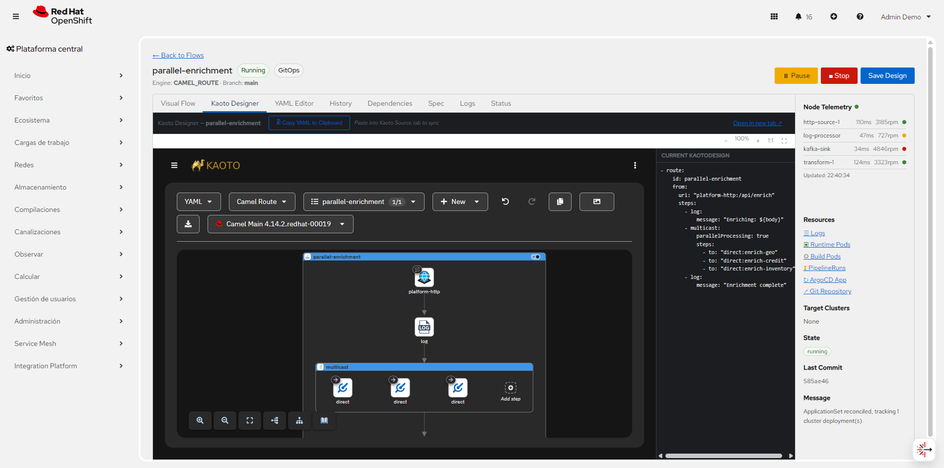 Kaoto designer embedded in the OpenShift Console