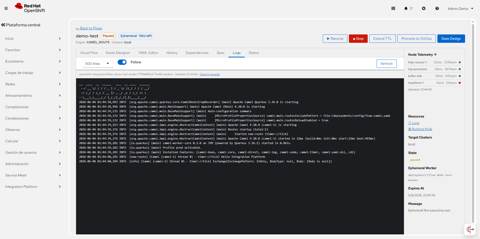 Flow logs — live worker pod streaming