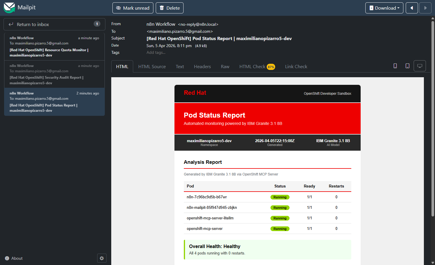Mailpit Email Detail - Pod Status Report