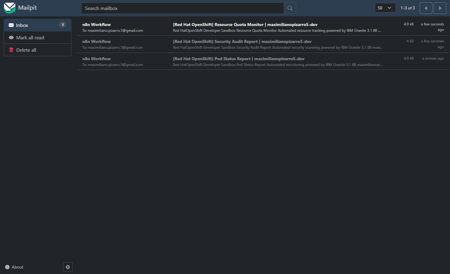 Mailpit Inbox with OpenShift Reports
