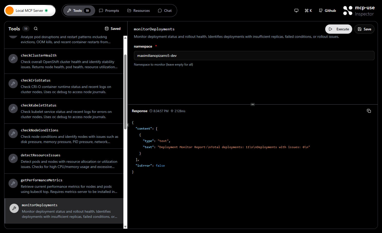 MCP Inspector - monitorDeployments tool output