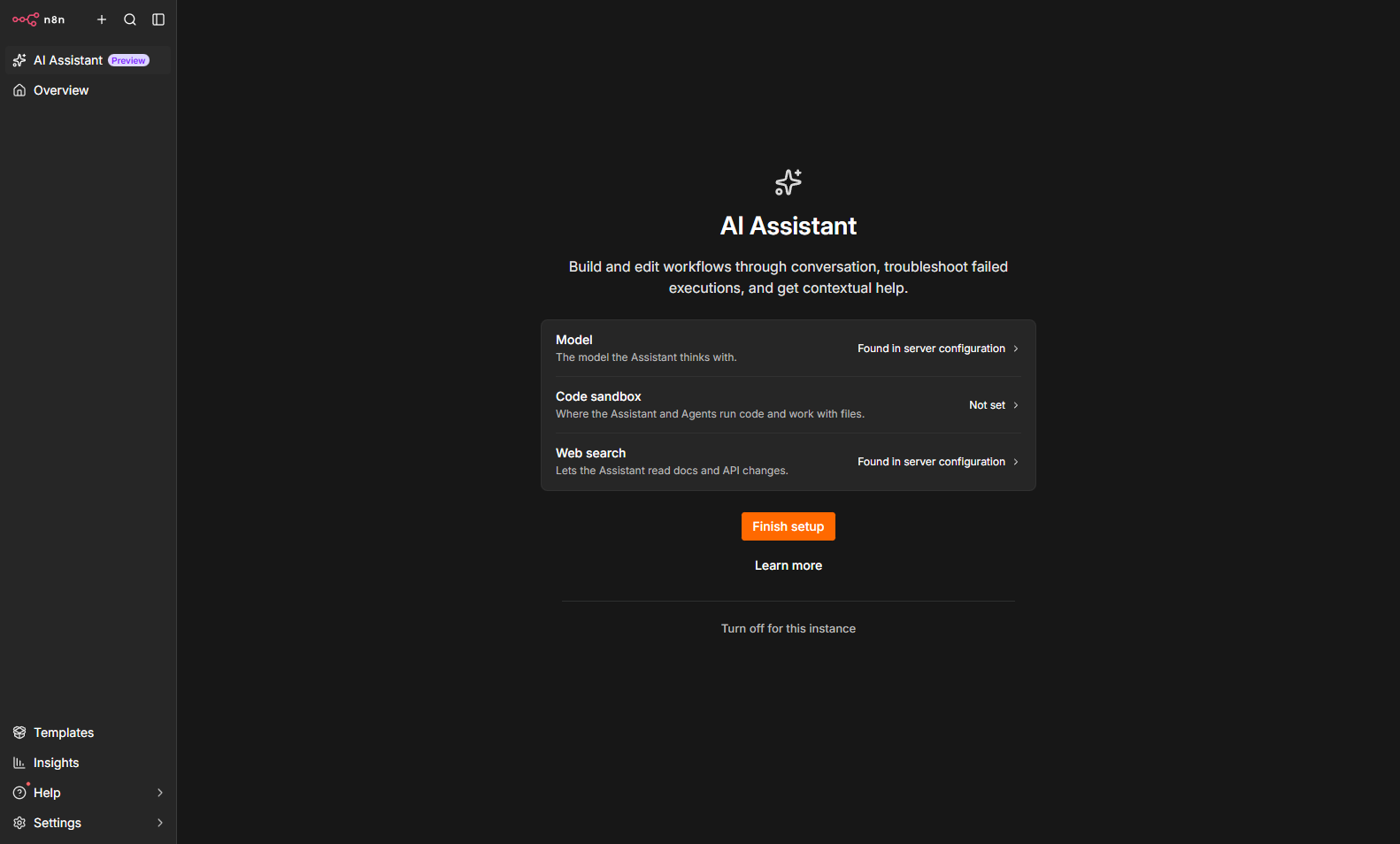AI Assistant setup — Model and Web search from server config