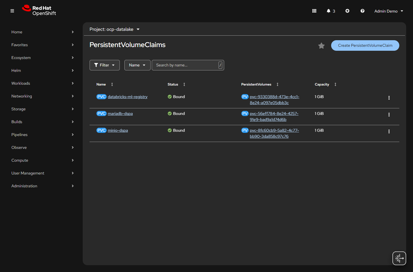 PVCs Bound: databricks-ml-registry, mariadb-dspa, minio-dspa