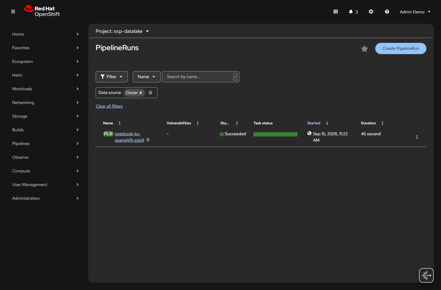 Tekton PipelineRun notebook-to-openshift Succeeded