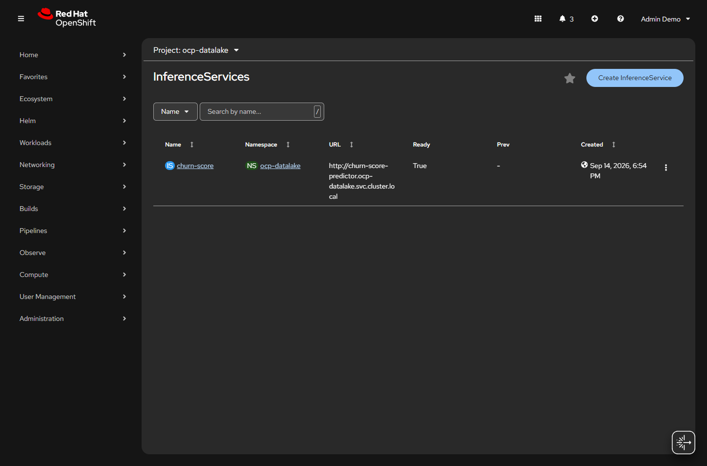 InferenceService churn-score Ready True
