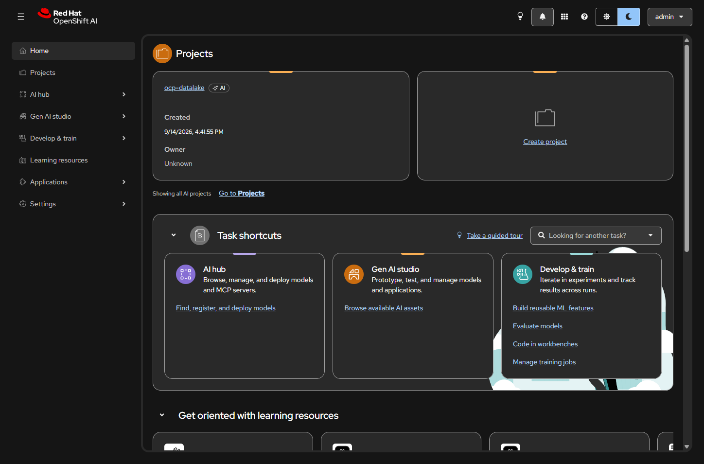 OpenShift AI home with ocp-datalake project