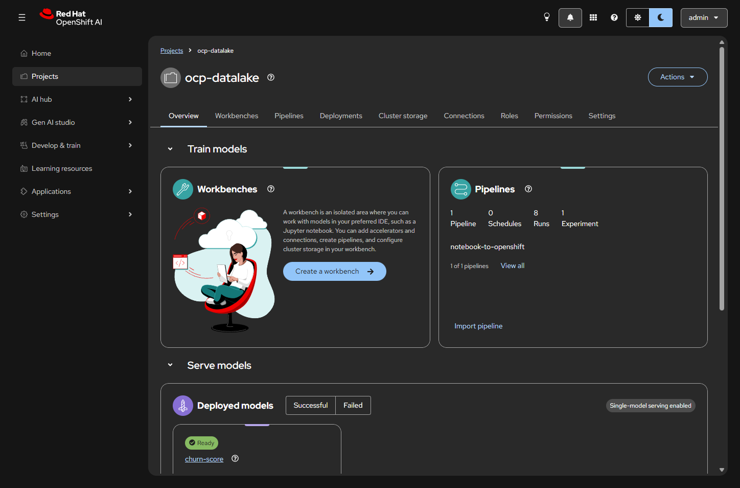 ocp-datalake project with notebook-to-openshift pipeline and churn-score Ready