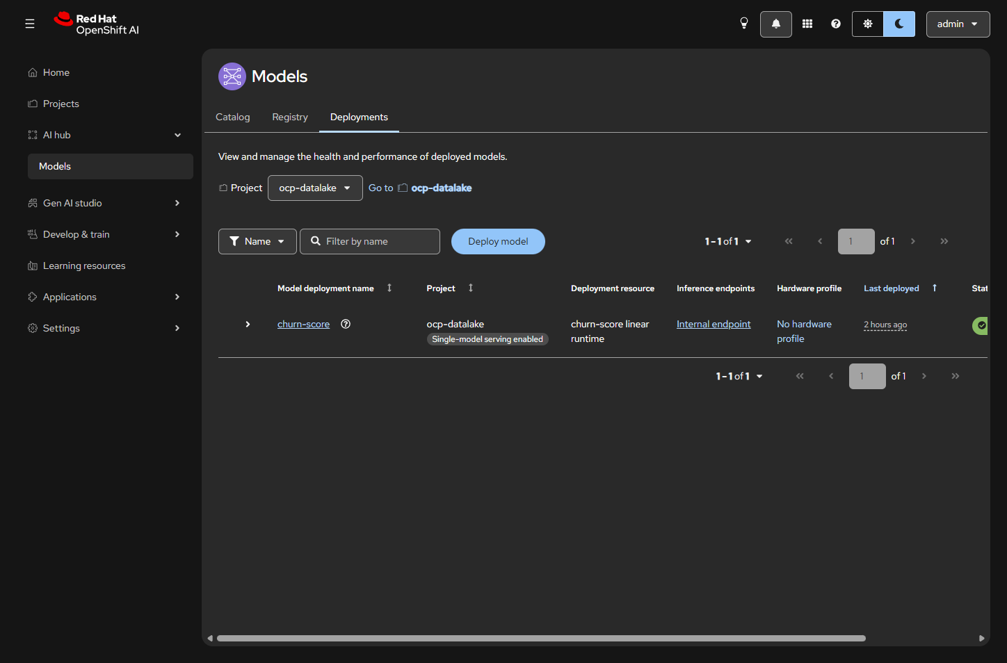 churn-score deployment with no GPU hardware profile