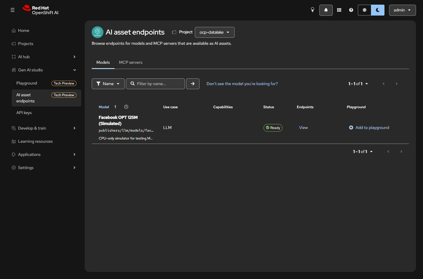 OpenShift AI AI asset endpoints listing Facebook OPT 125M Simulated Ready