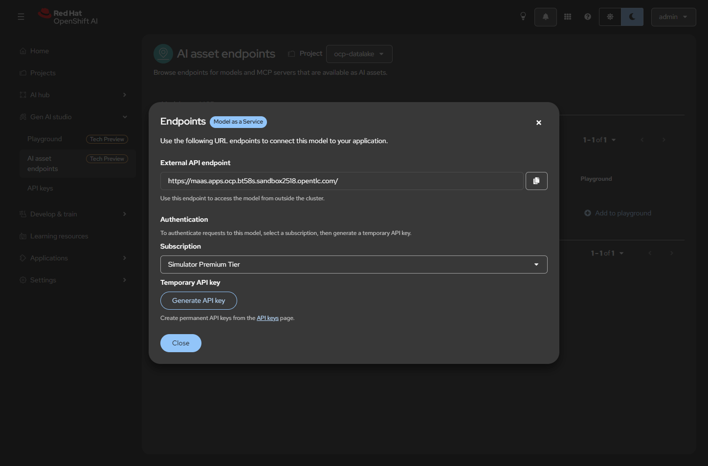 Endpoints dialog with Model as a Service badge and maas Route URL