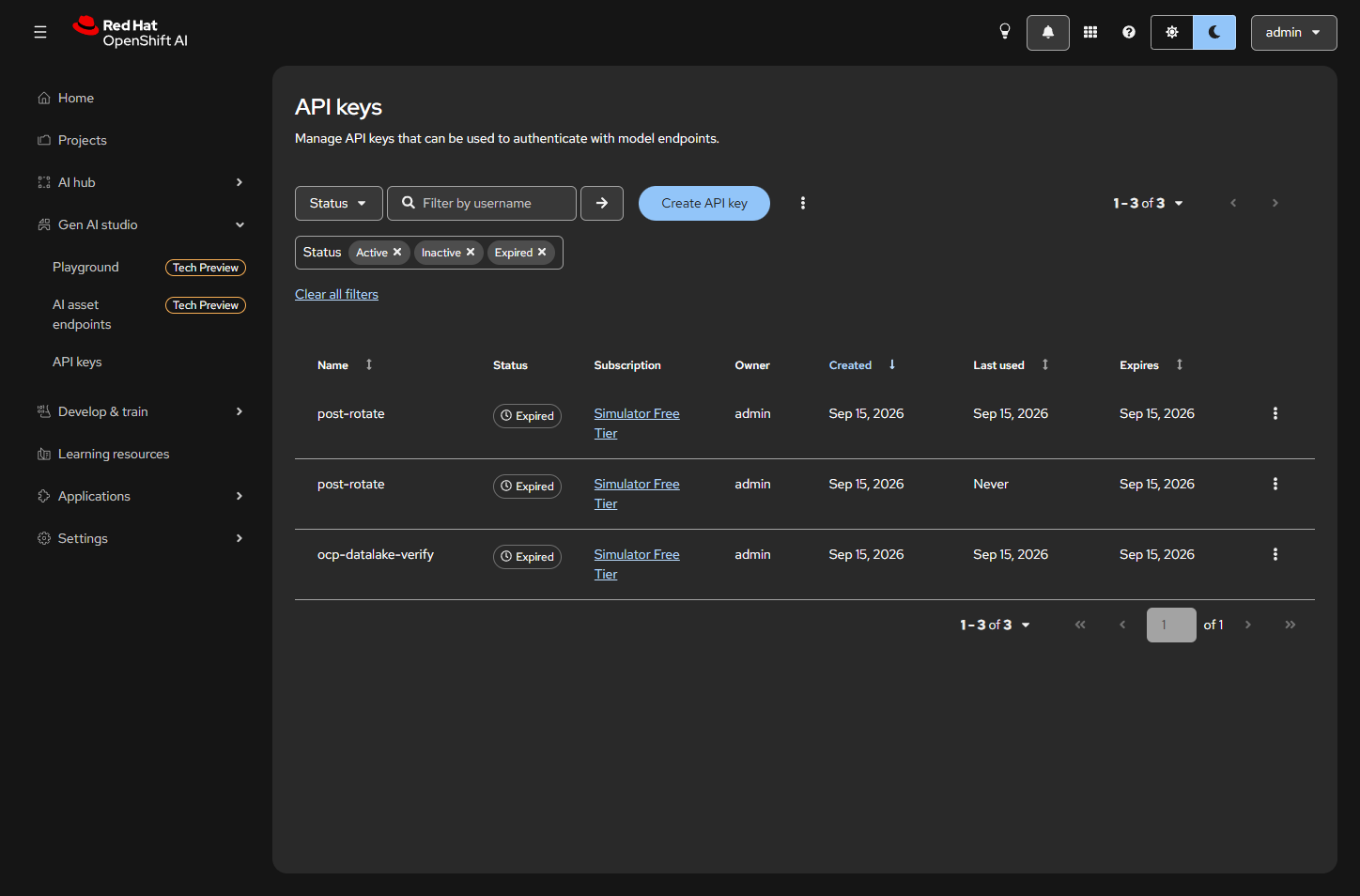 OpenShift AI API keys page with Simulator Free Tier keys