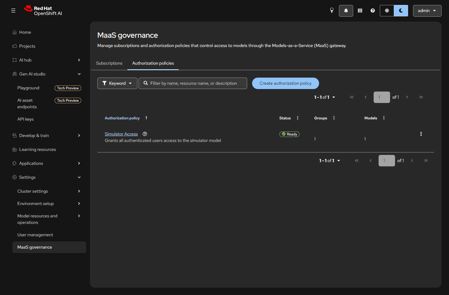 MaaS authorization policy Simulator Access Ready