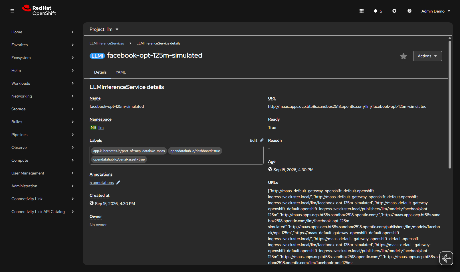 LLMInferenceService facebook-opt-125m-simulated Ready in namespace llm