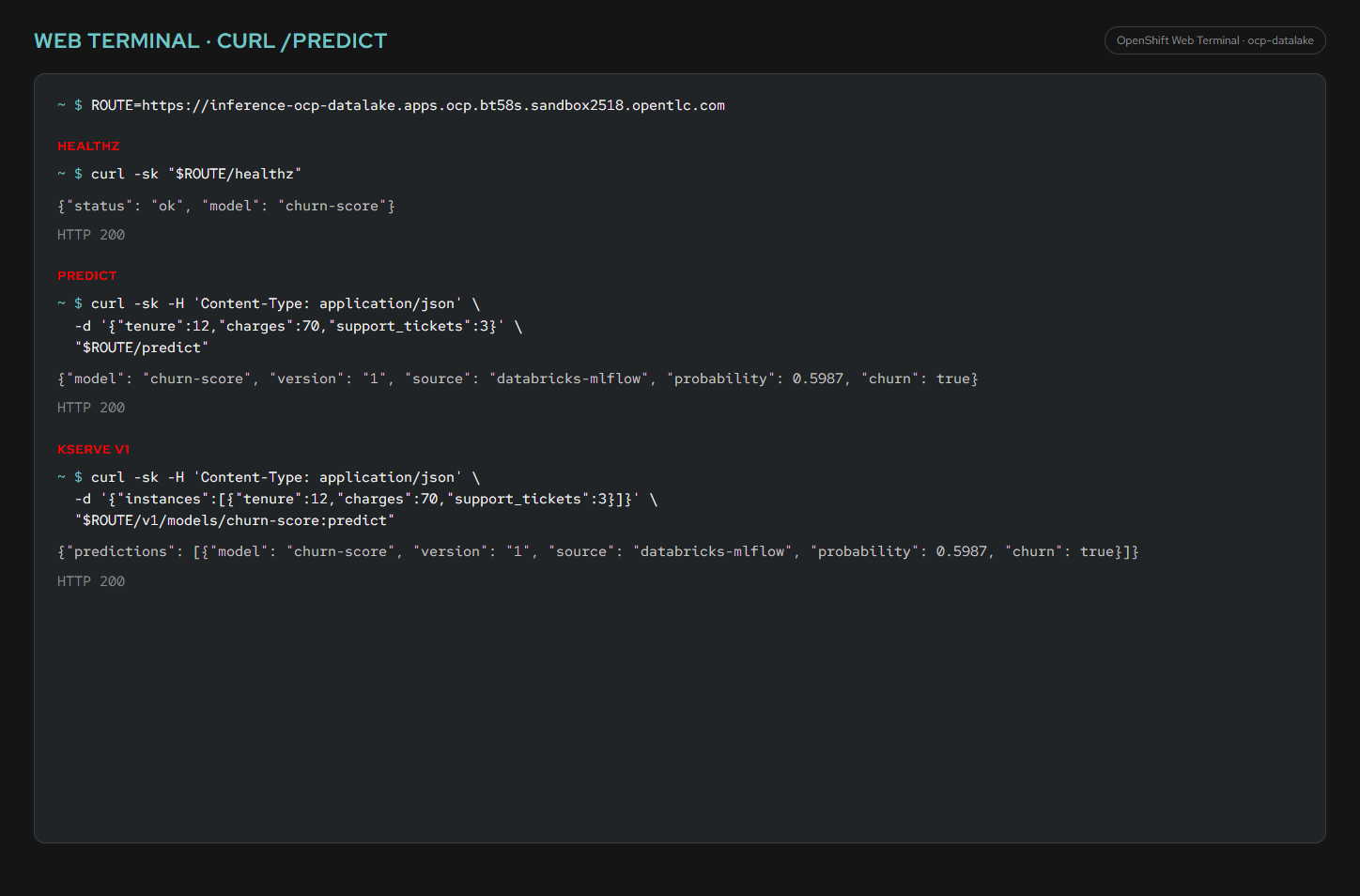 Web Terminal curl healthz predict and KServe v1 against churn-score