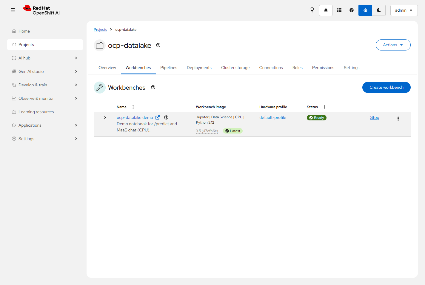 ocp-datalake demo workbench Ready on default-profile with Jupyter Data Science CPU Python 3.12 Latest