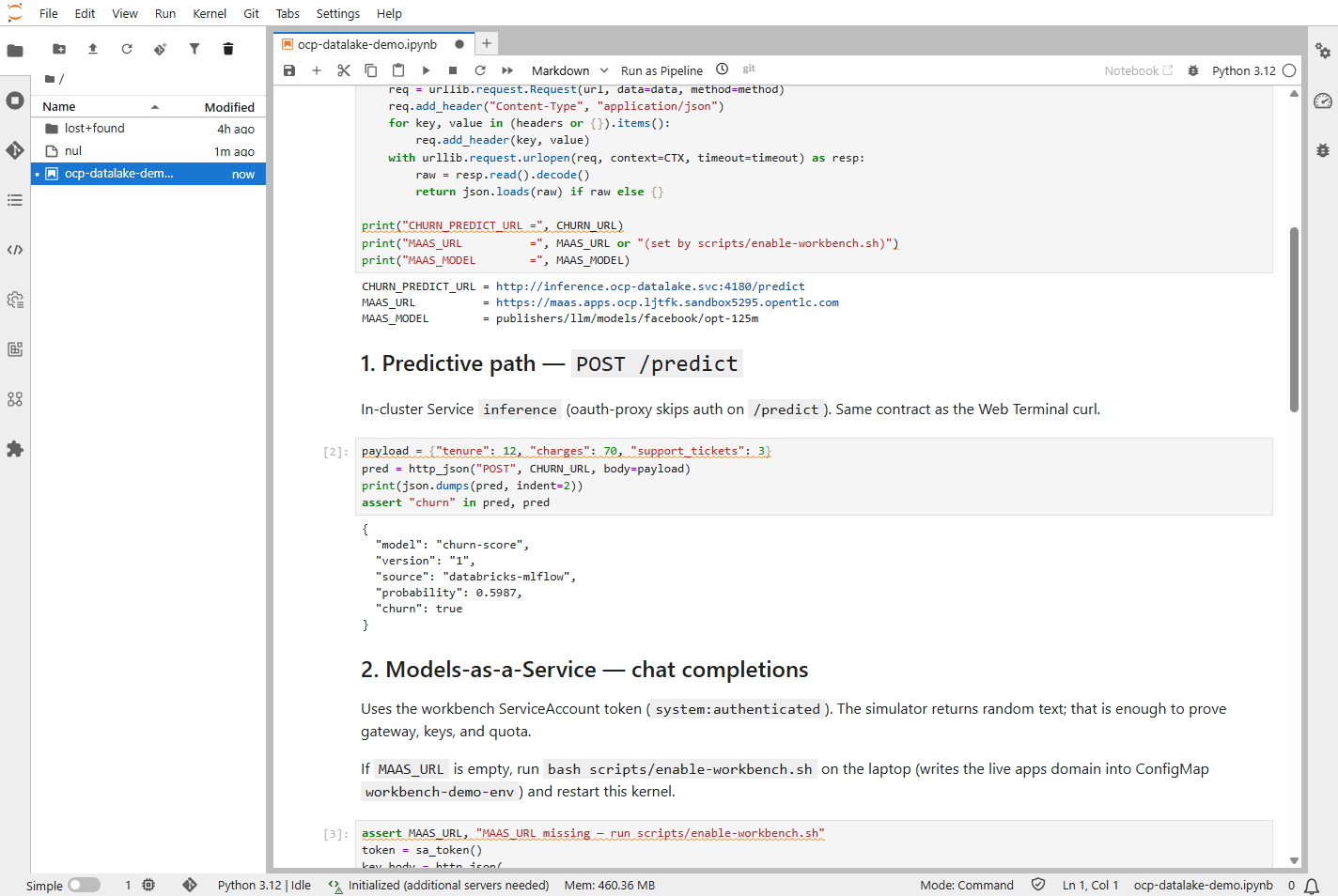 JupyterLab ocp-datalake-demo.ipynb POST /predict returns churn true probability 0.5987