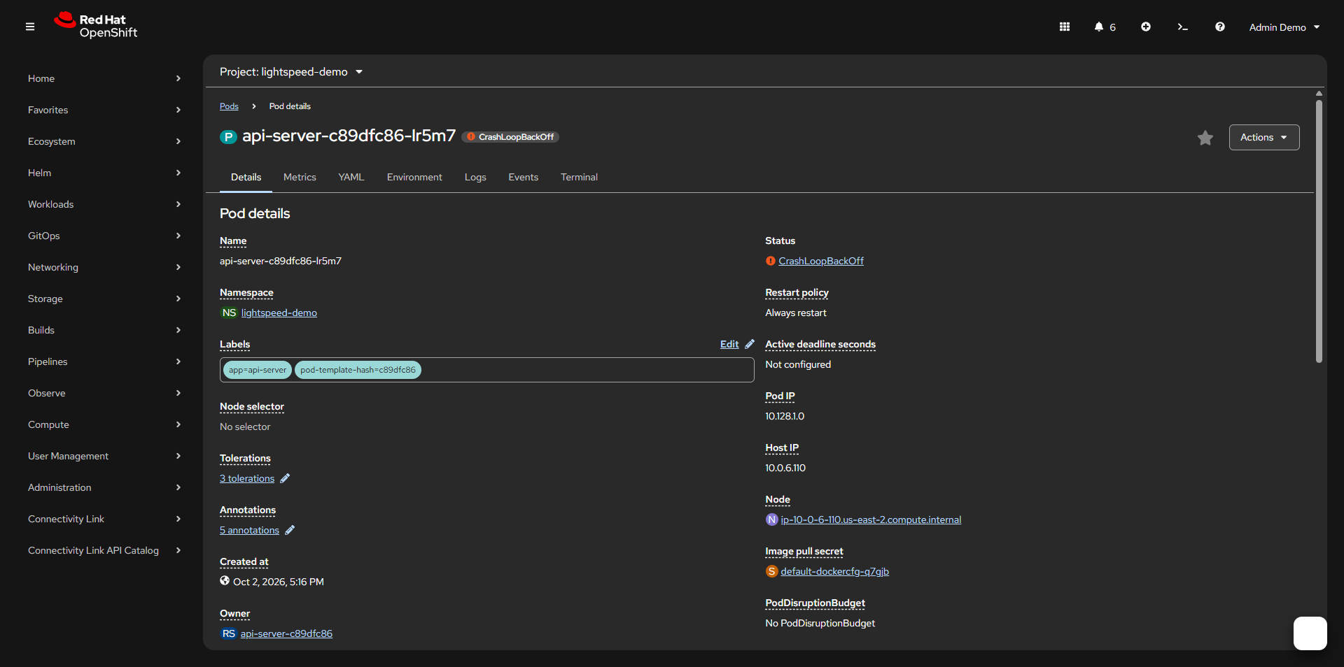 Pod api-server in lightspeed-demo with status CrashLoopBackOff