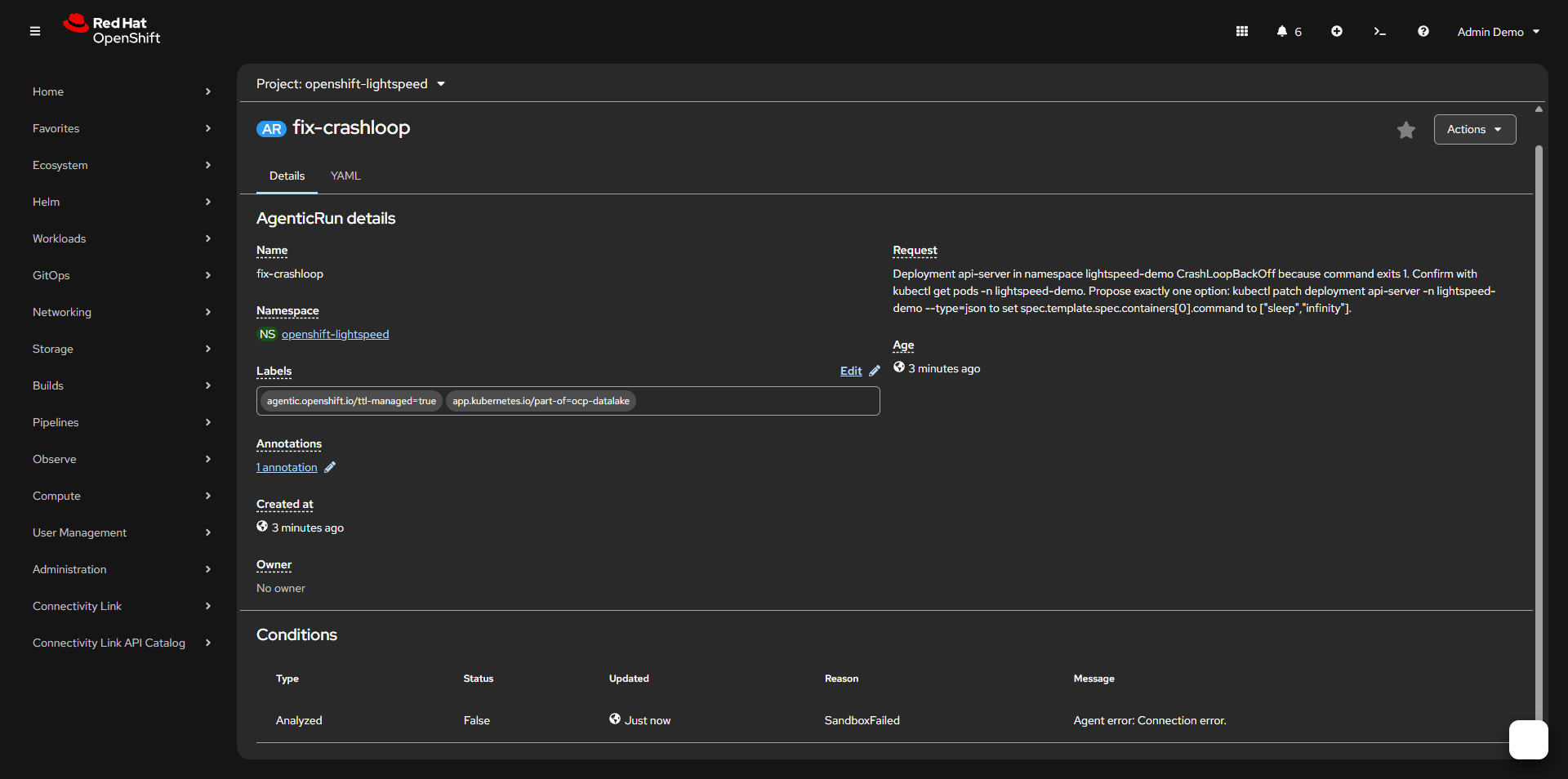 AgenticRun fix-crashloop details with Analyzed condition
