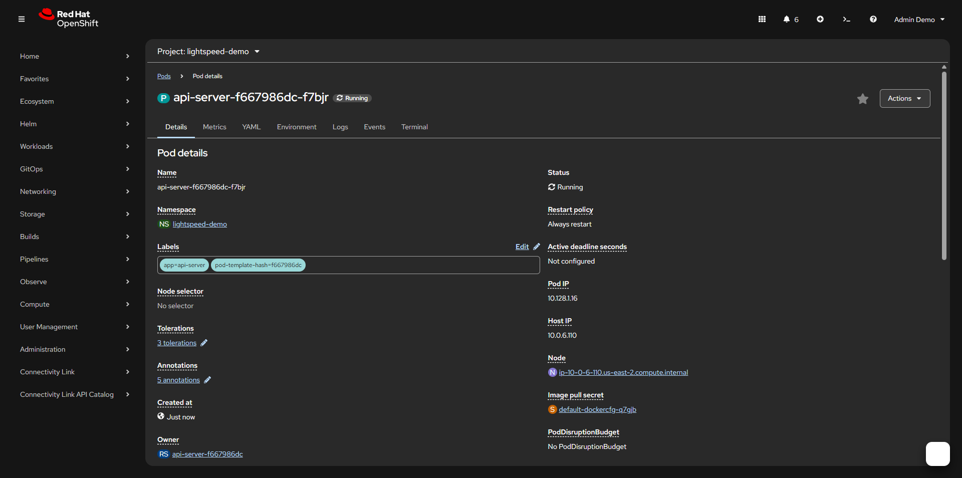Pod api-server-f667986dc-f7bjr Running in lightspeed-demo