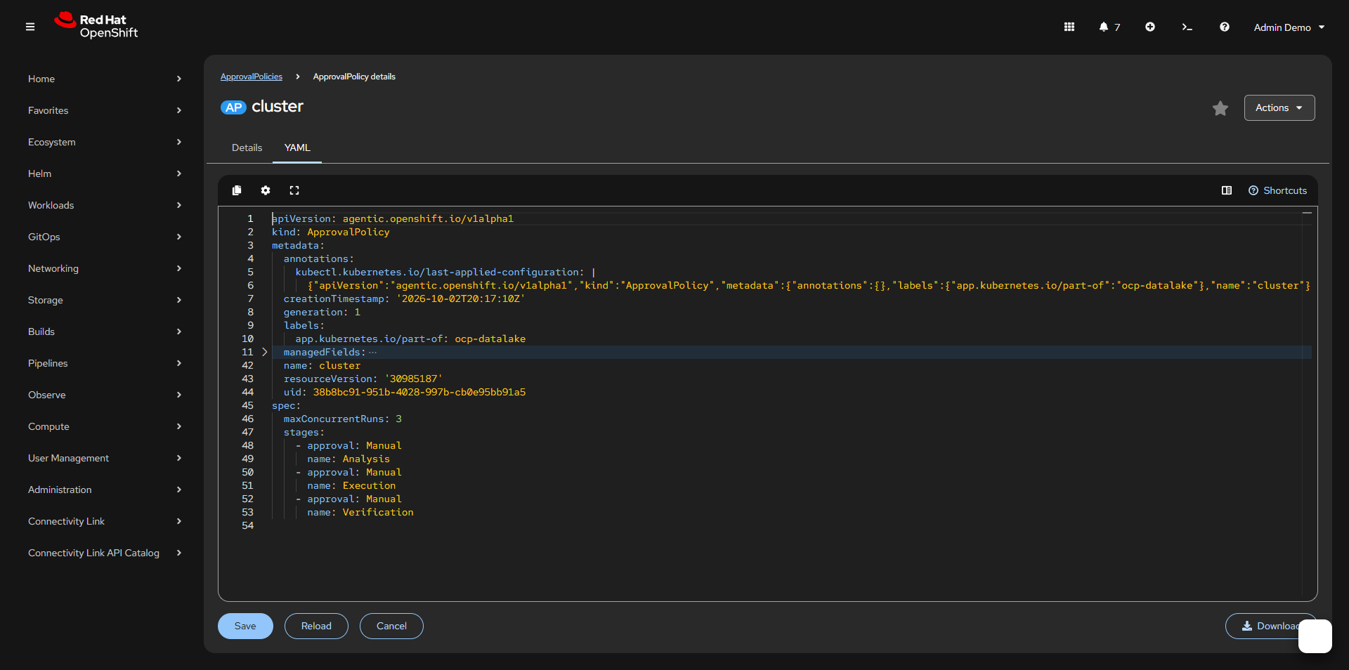 ApprovalPolicy cluster YAML with Manual stages