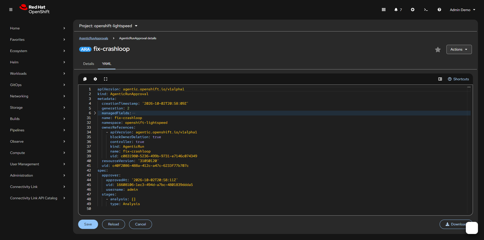 AgenticRunApproval fix-crashloop YAML with Analysis stage