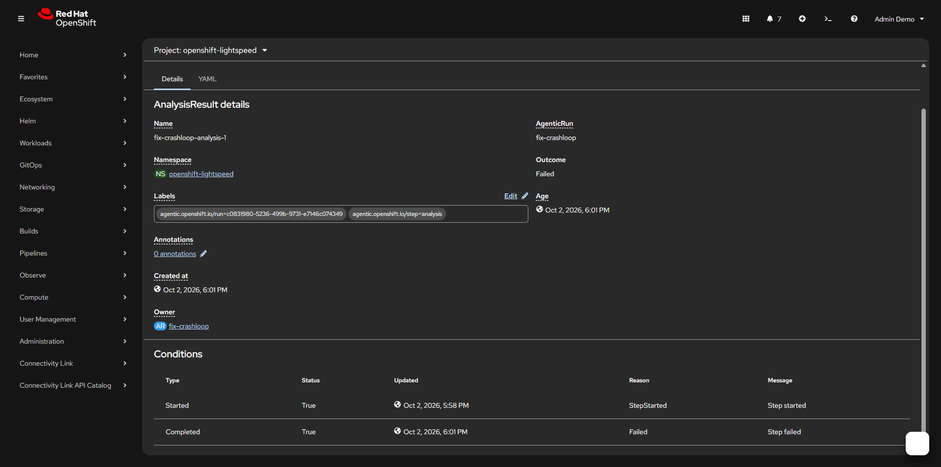 AnalysisResult fix-crashloop-analysis-1 outcome Failed