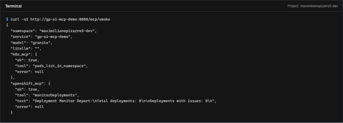 curl output from /mcp/smoke showing k8s_mcp and openshift_mcp ok