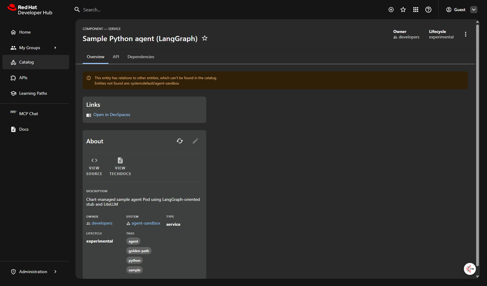 Catalog component detail for a golden-path agent with build annotations