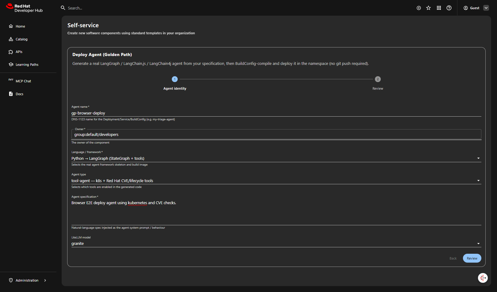 Deploy Agent form with agent name, owner, language, agent type and specification fields