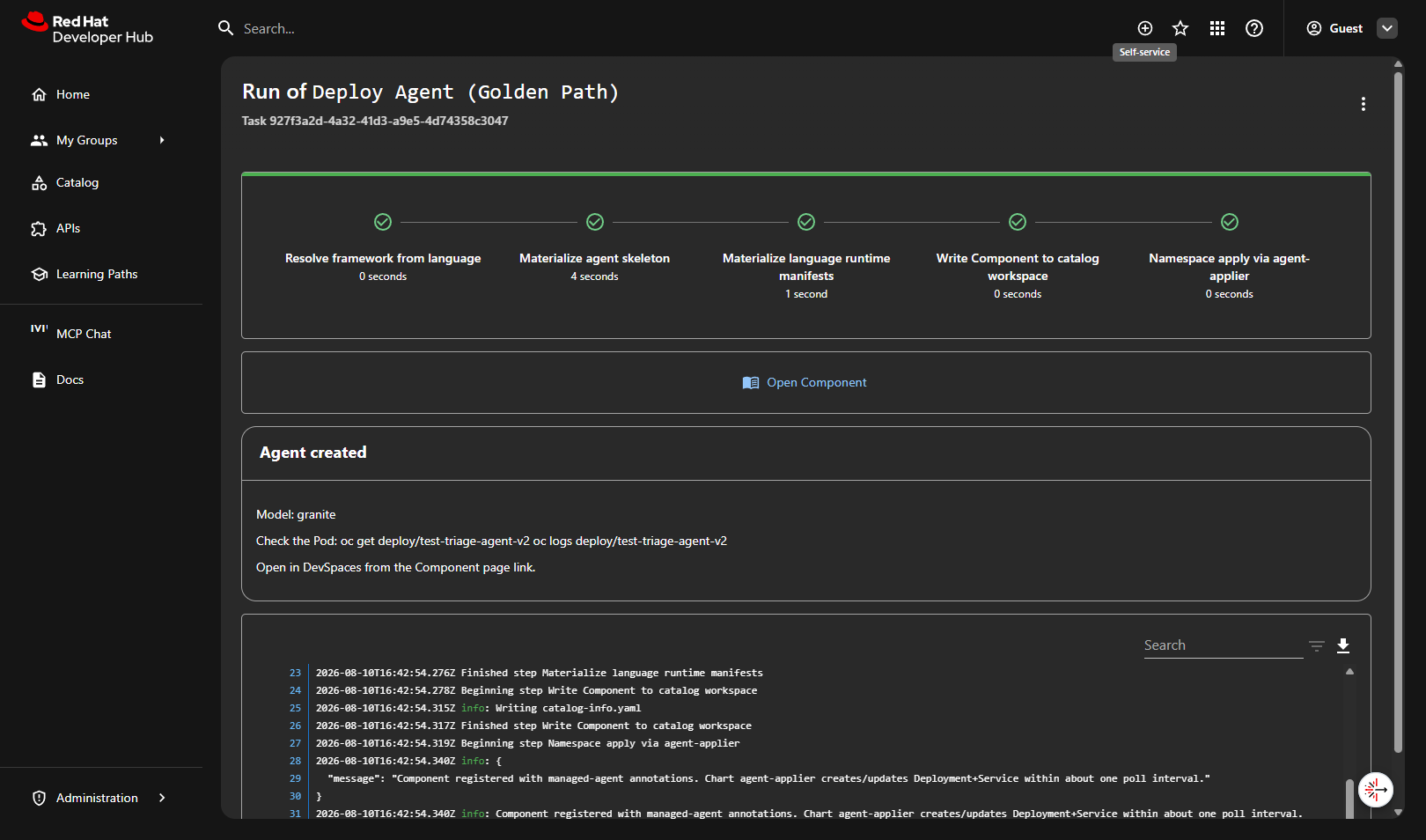Deploy Agent template completed with green checkmarks