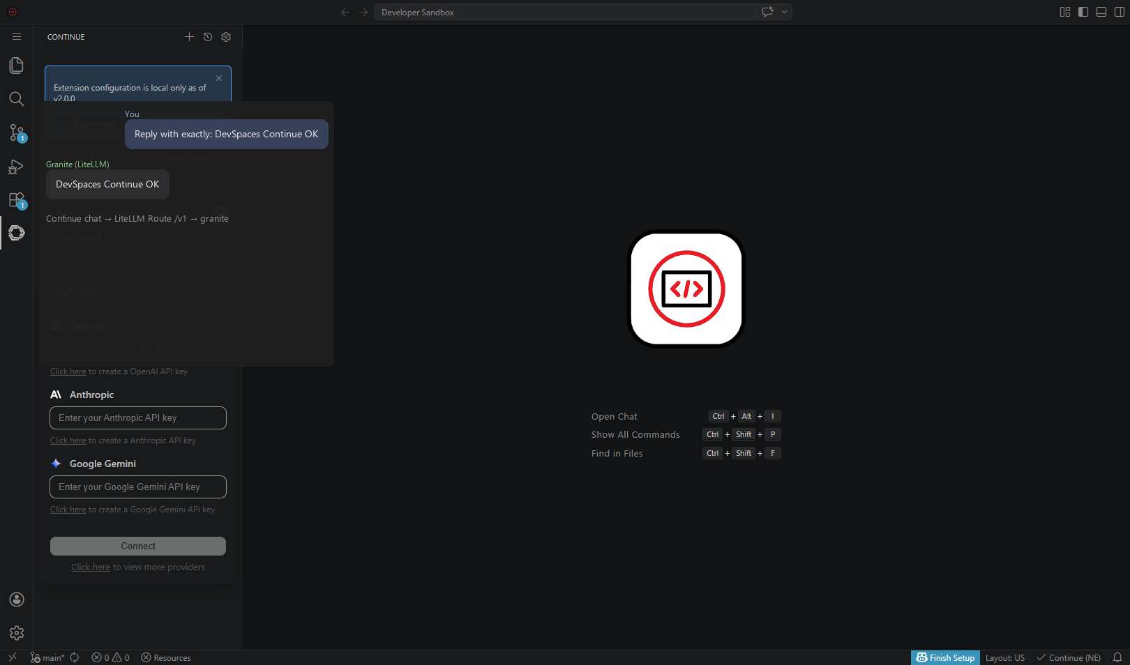 Continue chat showing user query Reply with exactly DevSpaces Continue OK and Granite LiteLLM reply