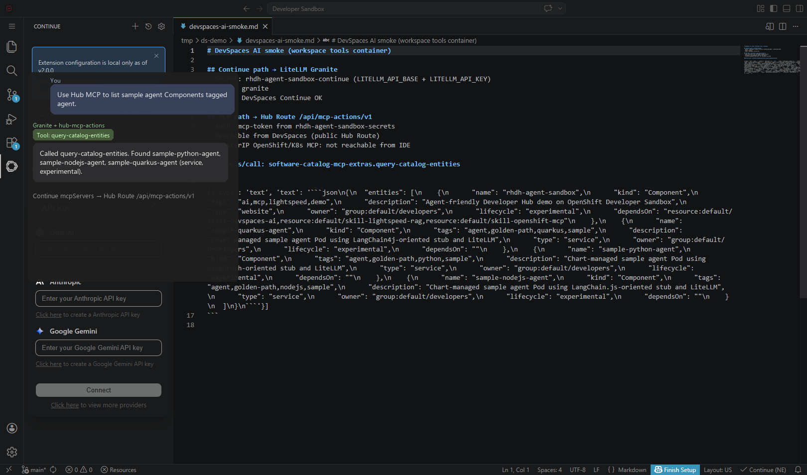 Continue showing MCP tool query-catalog-entities and reply listing sample agent components beside smoke markdown