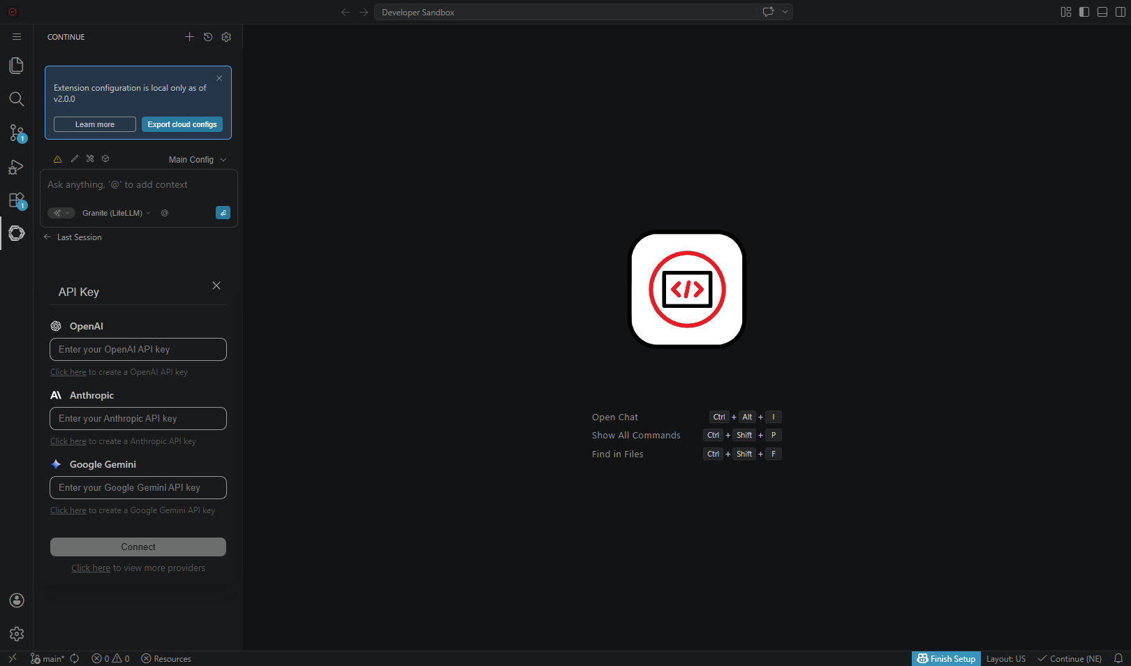 Continue sidebar with Granite (LiteLLM) model selected in Che Code
