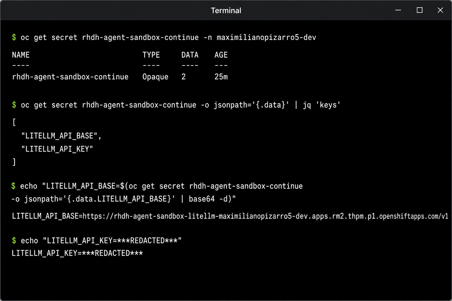 OpenShift Secret rhdh-agent-sandbox-continue with LITELLM_API_BASE and LITELLM_API_KEY