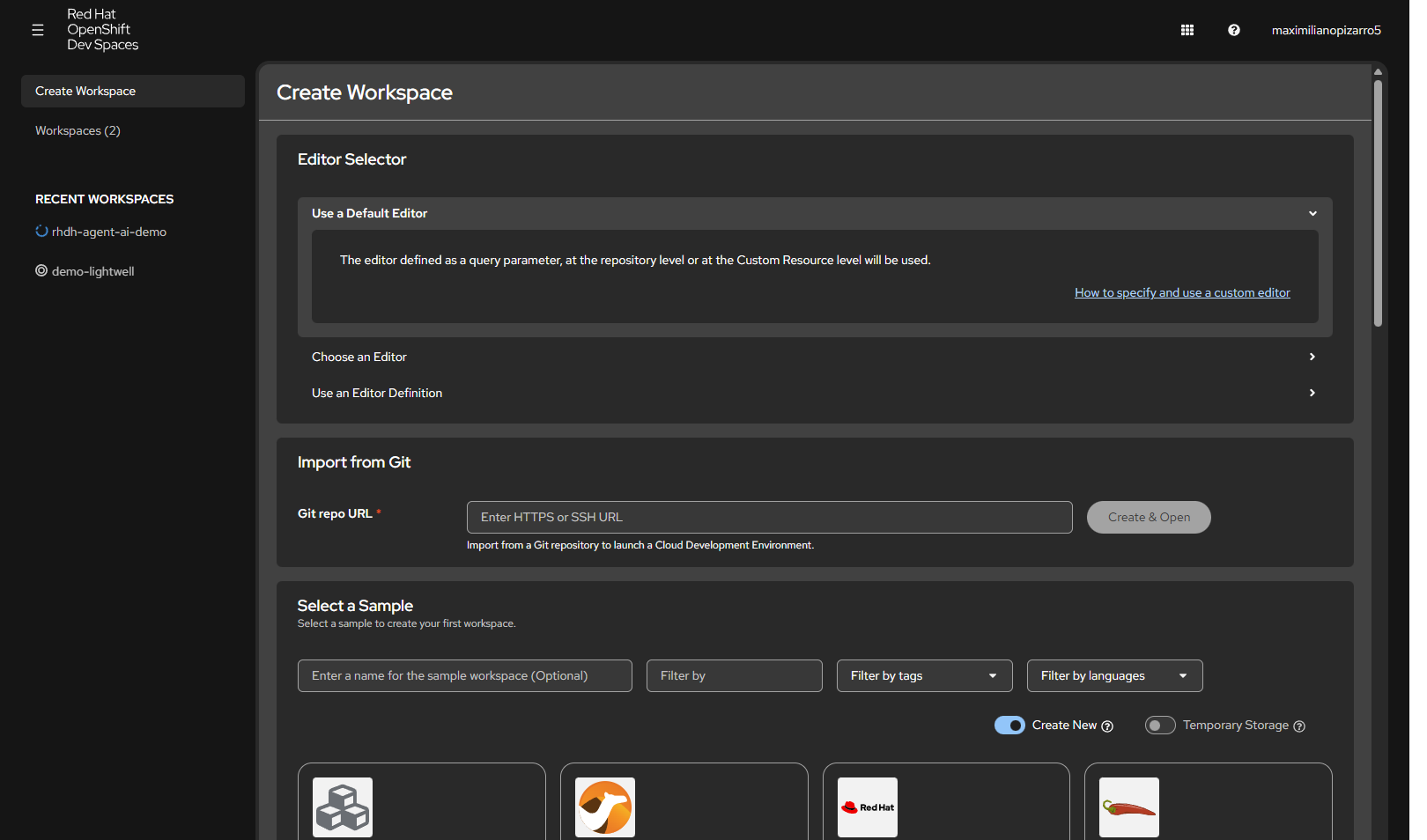 Create Workspace page with Git URL pointing at rhdh-agent-sandbox files/devfiles