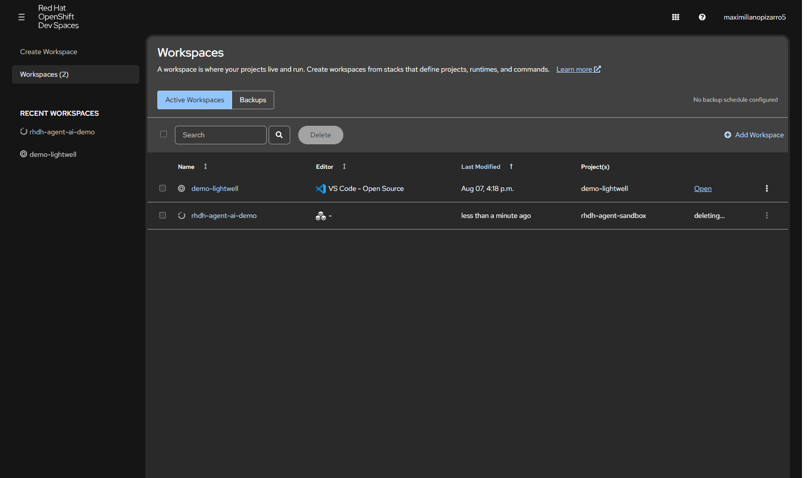 Dev Spaces dashboard listing workspaces including rhdh-agent-ai-demo