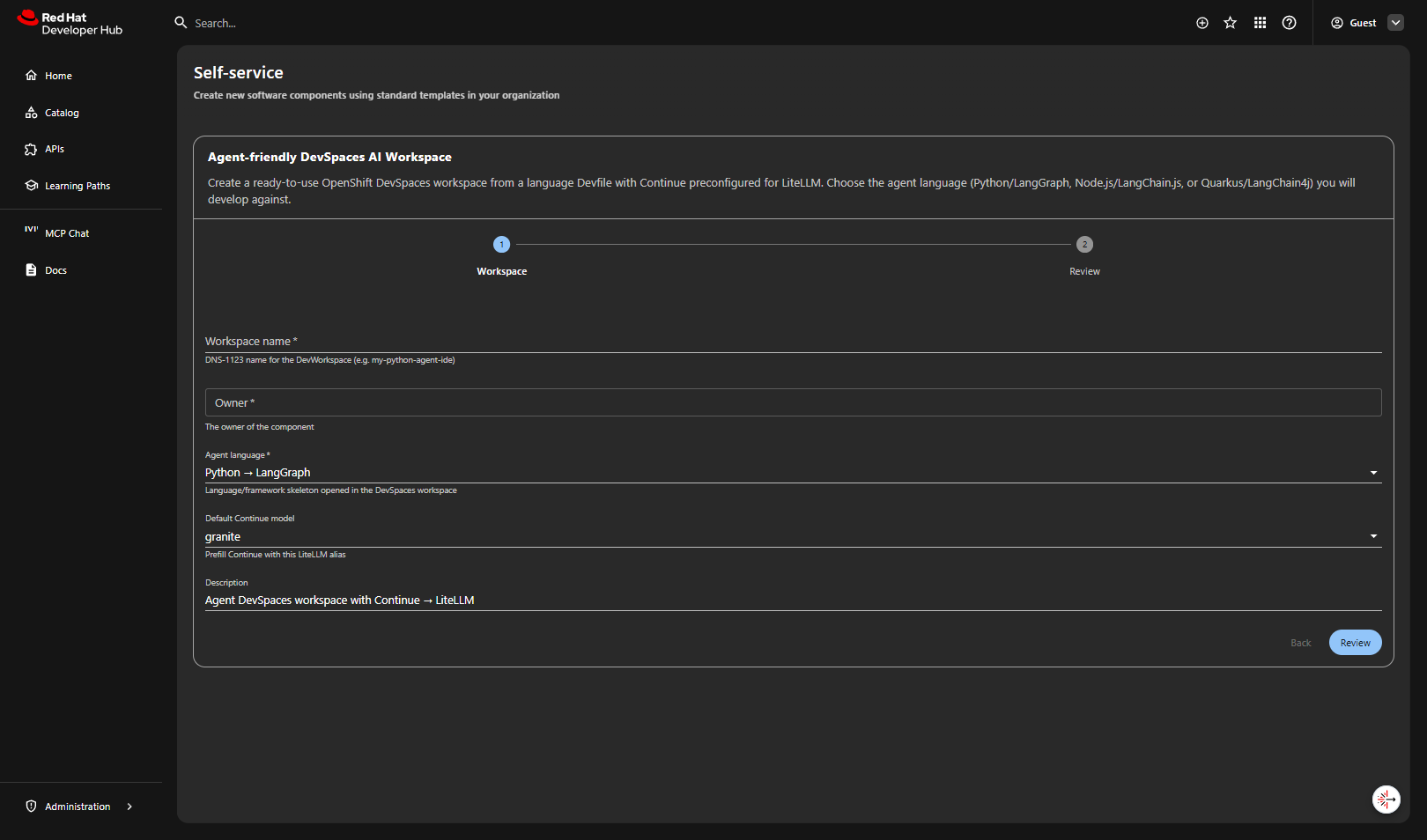 DevSpaces AI Workspace form with name, owner, agent language and model
