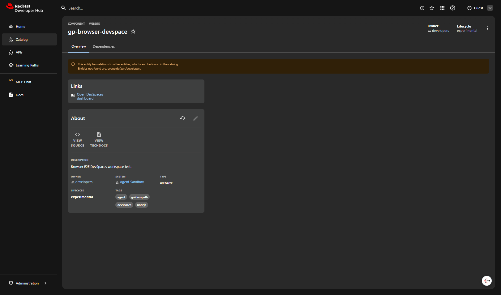 DevSpaces template success with three green steps