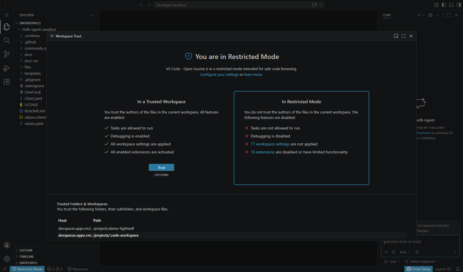 Workspace Trust dialog comparing Trusted Workspace vs Restricted Mode