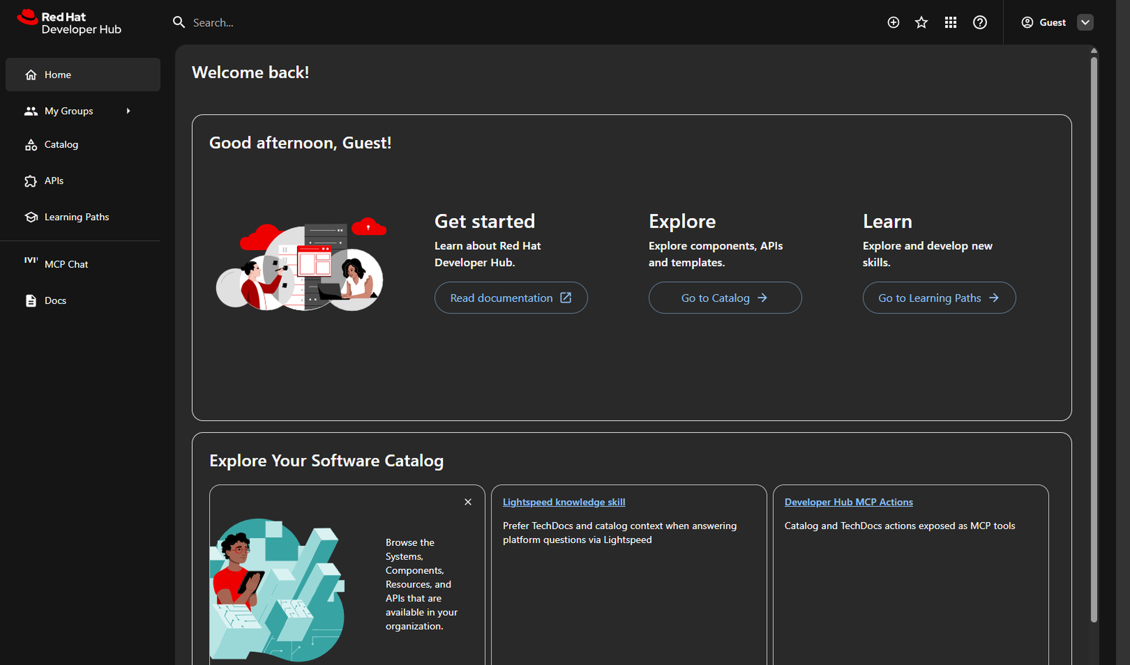 Developer Hub home page with Welcome back greeting