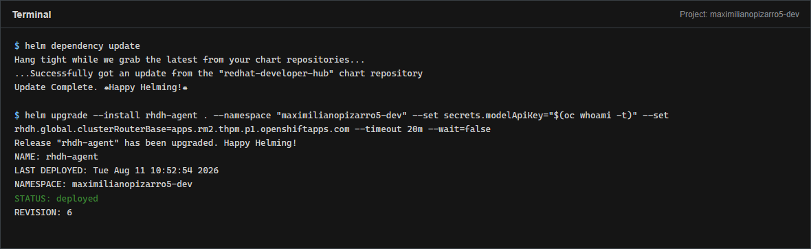 Terminal showing helm upgrade --install rhdh-agent